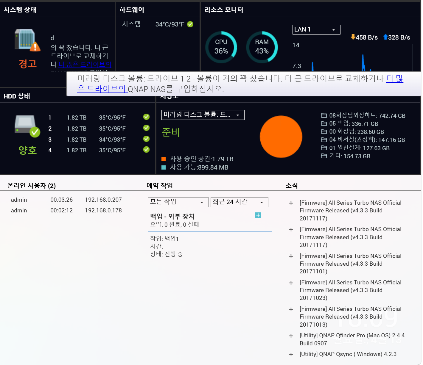 부산 동구 NAS 저장공간 부족 경고 화면