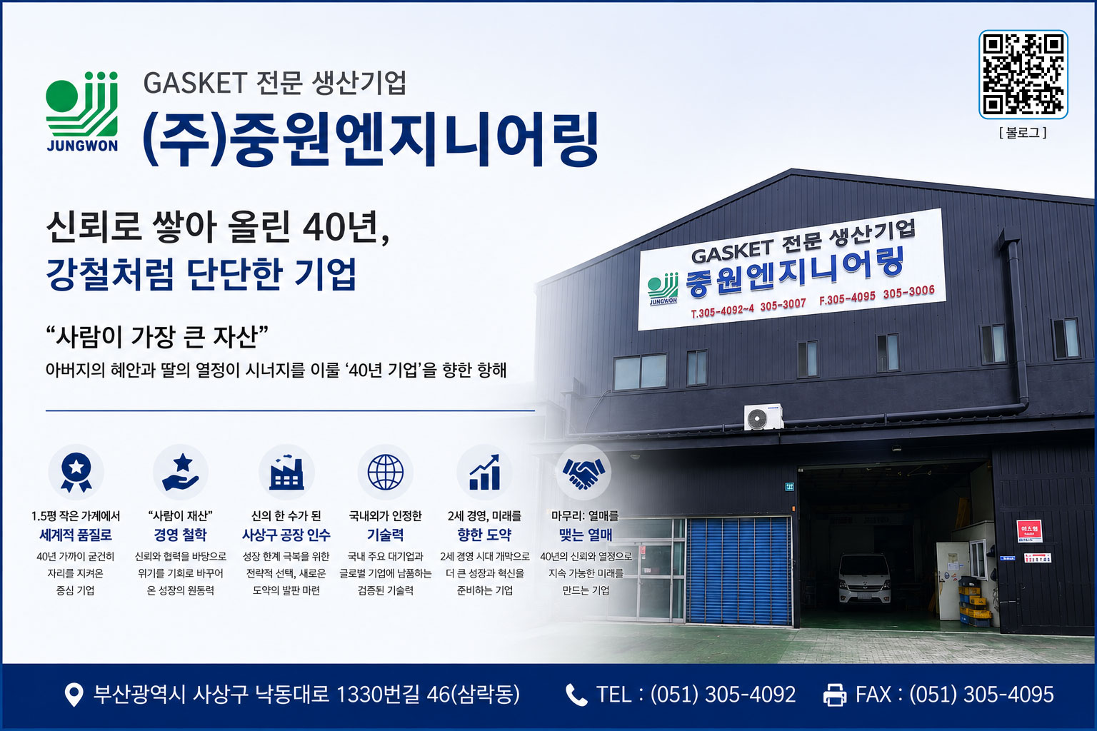 중원엔지니어링 본사 전경과 가스켓 제조 기술을 소개하는 대표 이미지