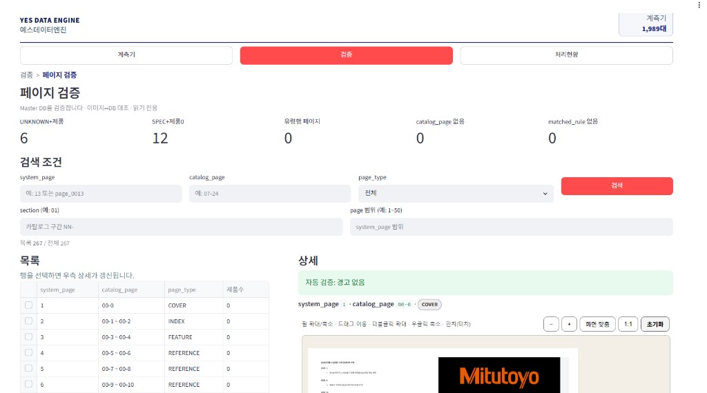 YES DATA ENGINE 자동 검증 화면. 등록된 계측기 데이터를 카탈로그 원본과 대조하는 화면 YES DATA ENGINE 자동 검증 화면. 등록된 계측기 데이터를 카탈로그 원본과 대조하는 화면